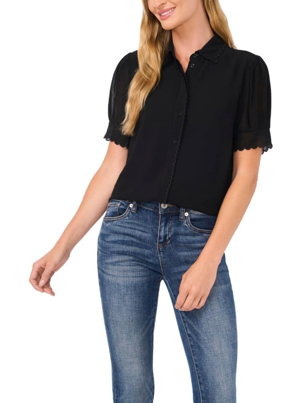 Chic Short Sleeve Scallop Trim Button-Up Blouse - Perfect for Casual & Work Wear